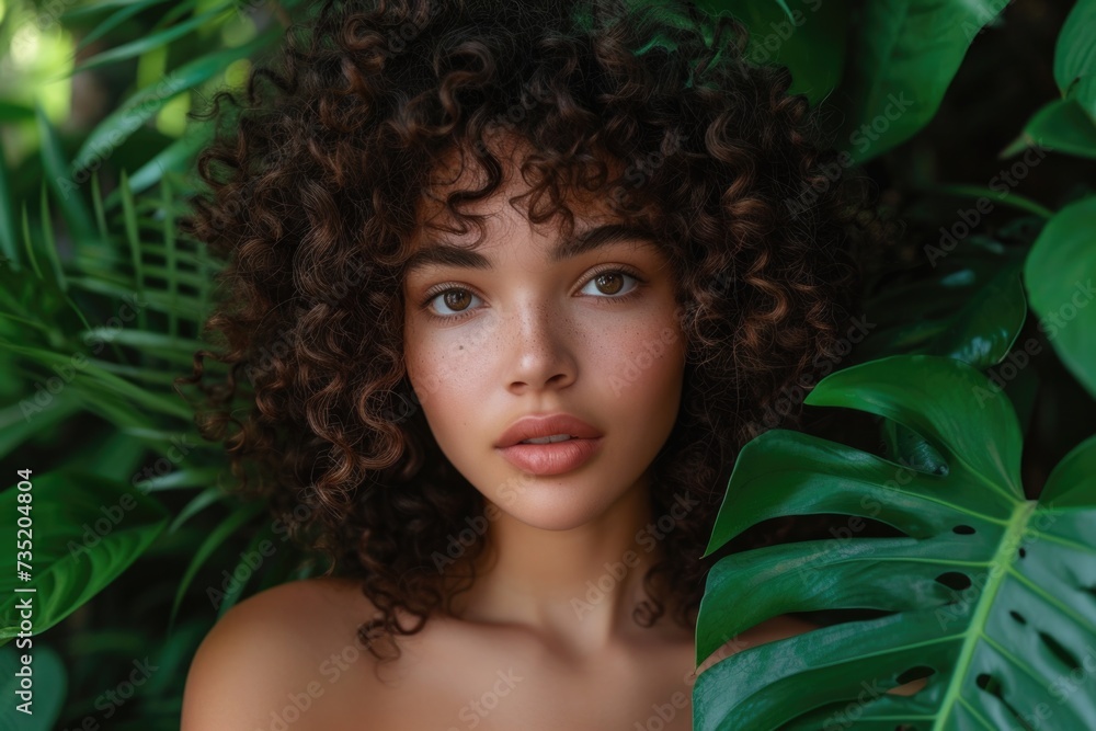 Women's curls against a background of tropical leaves Women's curls against a background of tropical leaves