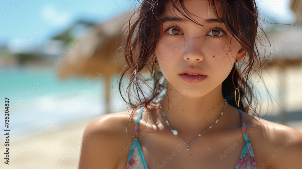 teenage asian woman Posing for a beautiful beach photoshoot in a bikini,generative ai teenage asian woman Posing for a beautiful beach photoshoot in a bikini,generative ai
