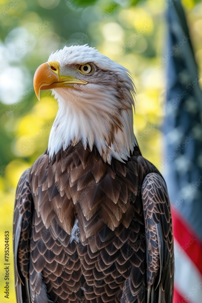 Obraz premium A close up photograph of a majestic bald eagle with an American flag in the background. This image can be used to represent patriotism and national pride