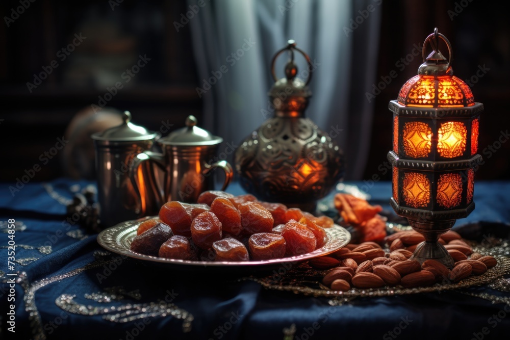 A table topped with a plate of food next to a lamp. Suitable for food and dining-related concepts A table topped with a plate of food next to a lamp. Suitable for food and dining-related concepts