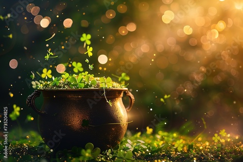 St. Patrick's Day. A pot of gold overflowing with sparkling green bokeh and clover confetti. with copy space for text.