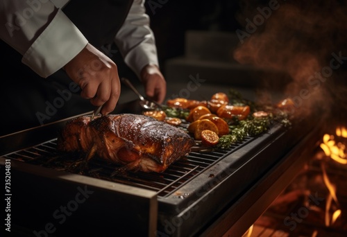 chef preparing a roast on the grill