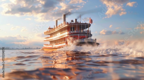 A picture of a large boat traveling across a body of water. Can be used to depict travel, transportation, or adventure