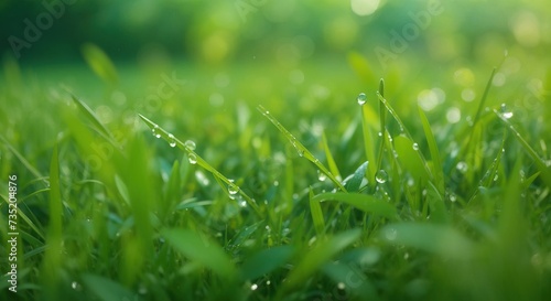 Juicy lush green grass on meadow with drops of water dew