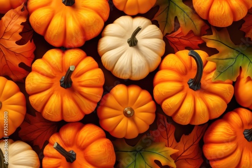 A group of small pumpkins sitting on top of a pile of leaves. Suitable for autumn-themed designs and decorations