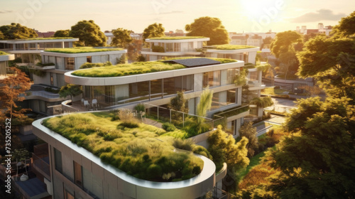A modern residential district with green roof and balcony. photo
