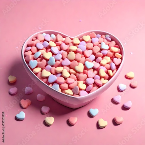 Heart-shaped bowl overflowing with sweet candy hearts © shumail