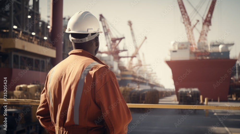 A man wearing a hard hat stands confidently in front of a ship. This image can be used to depict safety, construction, maritime industry, or shipbuilding