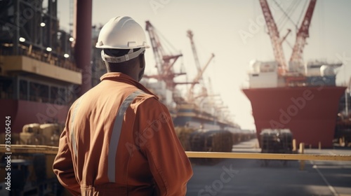 A man wearing a hard hat stands confidently in front of a ship. This image can be used to depict safety, construction, maritime industry, or shipbuilding