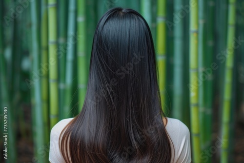 Woman with smooth hair among bamboo