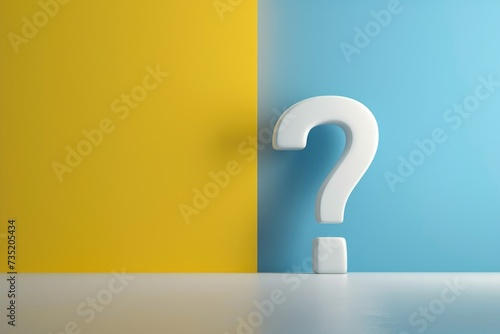 A white question mark painted on a blue and yellow wall. Suitable for use in educational materials or for illustrating concepts related to uncertainty or problem-solving photo