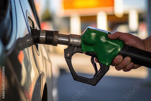 Close-up, Hand filling up a car with gas at a gas station.