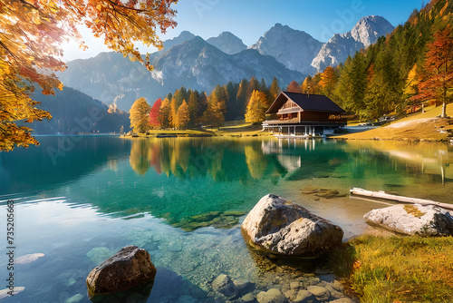 beautiful autumn scene of hintersee lake colorful morning view of bavarian alps on the austrian bor background photo