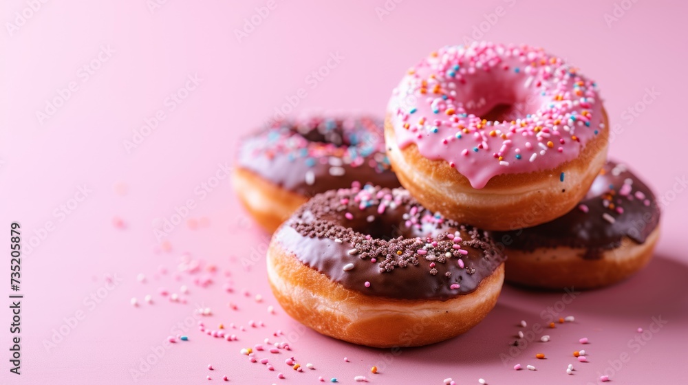 Colorful donuts with sprinkles on pink background, top view Colorful donuts with sprinkles on pink background, top view