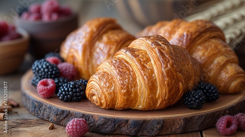 Freshly handmade baked croissants on a rustic wooden background.