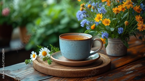 Cup of tea with flowers on wooden table, top view. Green black herbal tea