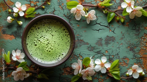 Cup of matcha latte green tea and spring flowers on rustic wooden background