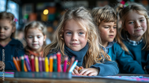 Students doing a creativity project with their teacher in a classroom. Group of primary school children learning how to draw and colour with the help of their educator ,generative ai