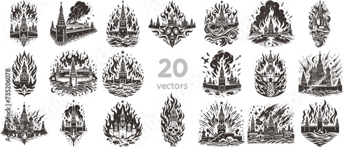 fire in the city simple vector monochrome drawing on a white background collection of images