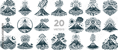 volcanic eruption simple vector monochrome drawing on white background collection of images photo
