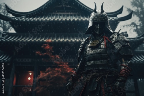 A powerful samurai stands in the rain in front of a traditional building. Ideal for historical, martial arts, or Japanese-themed projects