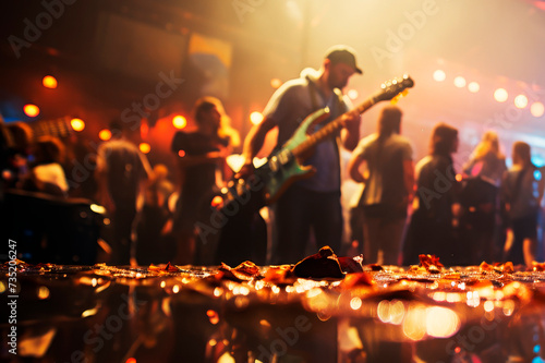 Blurred silhouetted figures and a guitarist performing at a live music event with vibrant stage lights and a lively atmosphere.