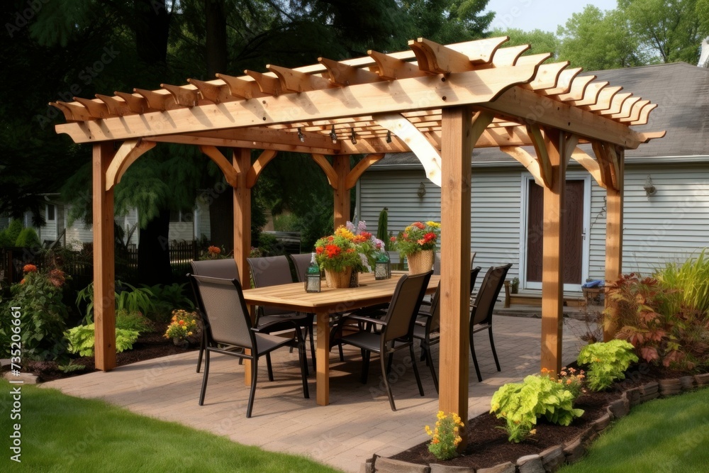 Obraz premium Rustic Pergola wood lake gazebo. Natural wooden. Generate AI
