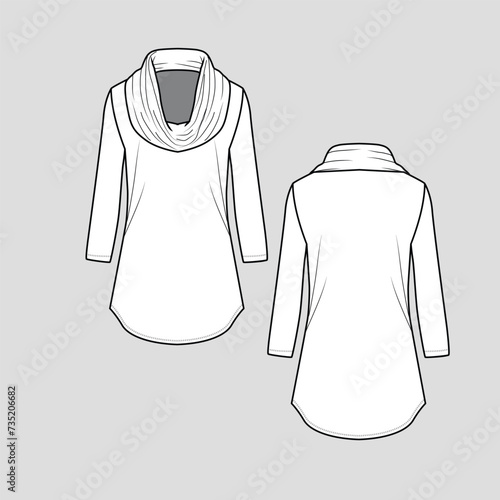 Cowl Neck Sweatshirt Long Sleeve round hem winter Design flat sketch Cad Drawing mock up Template