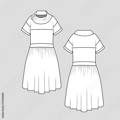 Cowl Neck Button roll up sleeve Dress waist Gathering drop shoulder  peplum dress Fashion technical drawing template