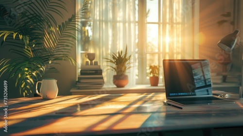 desktop with laptop computer natural sunlight.