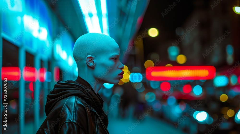 A solitary figure with a freshly shorn head stands illuminated by the city's night lights, their face hidden by the darkness as they wander the empty streets in their stark clothing
