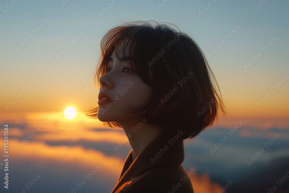 Chic female silhouette with bob hairstyle at dusk Chic female silhouette with bob hairstyle at dusk