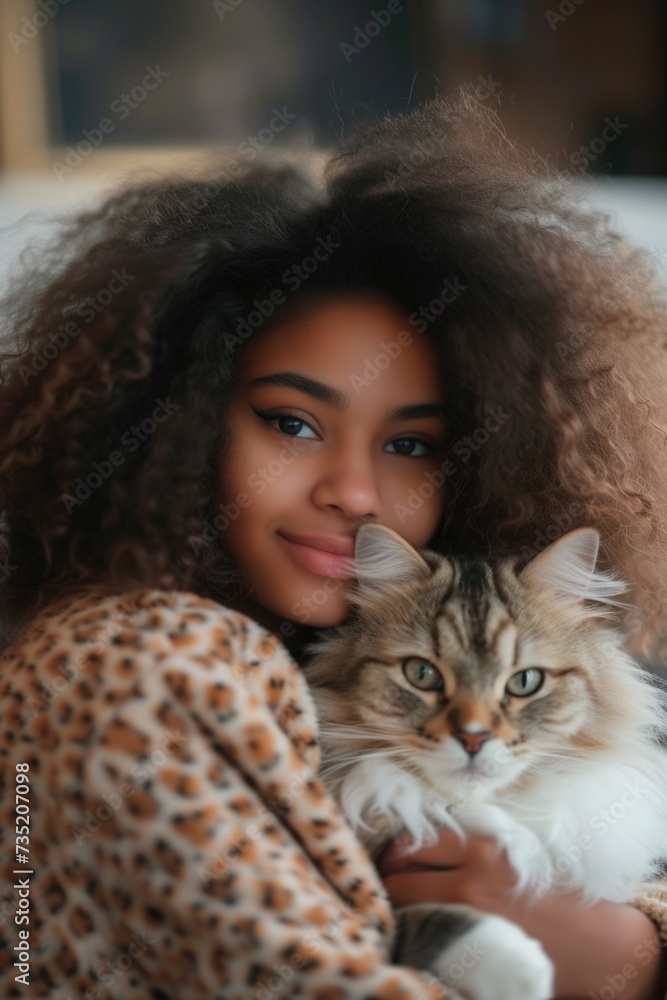 A woman holding a cat in her arms. Perfect for pet lovers and animal-themed designs A woman holding a cat in her arms. Perfect for pet lovers and animal-themed designs