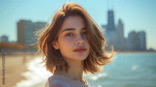 Woman with an asymmetrical lob haircut against city background photo