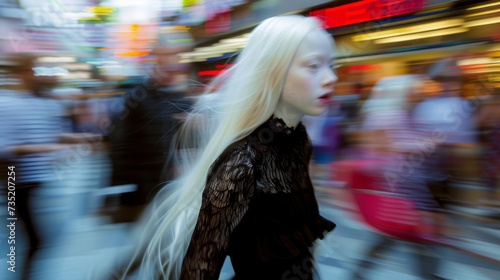 A fashionable girl with flowing white locks wanders the bustling city streets, her blurred figure capturing the essence of urban street style in a snapshot