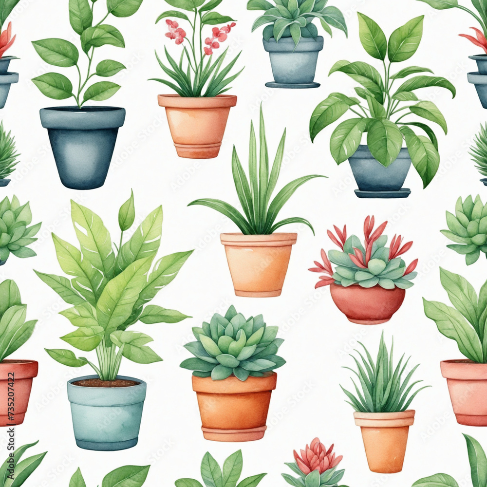 Obraz premium 6 whimsical cartoon-style illustrations of potted plants in watercolor, ready for use on any background.