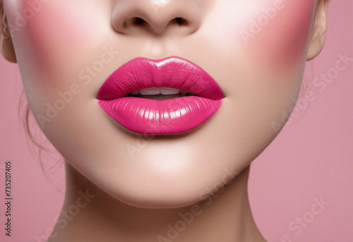 Pink Lipstick on Blush-Colored Background | Feminine beauty, lip makeup look photo