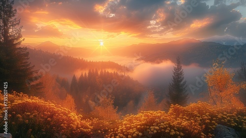 Serene sunrise over a misty mountain valley, the early light casting a golden glow on the dew-covered foliage. Generative AI. © visoot
