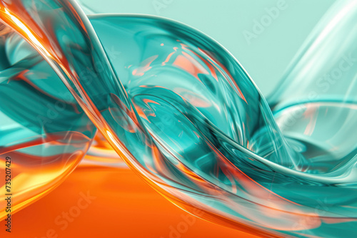 Wavy abstract transparent background with liquid glass texture. Modern light backdrop in turquoise and orange colors