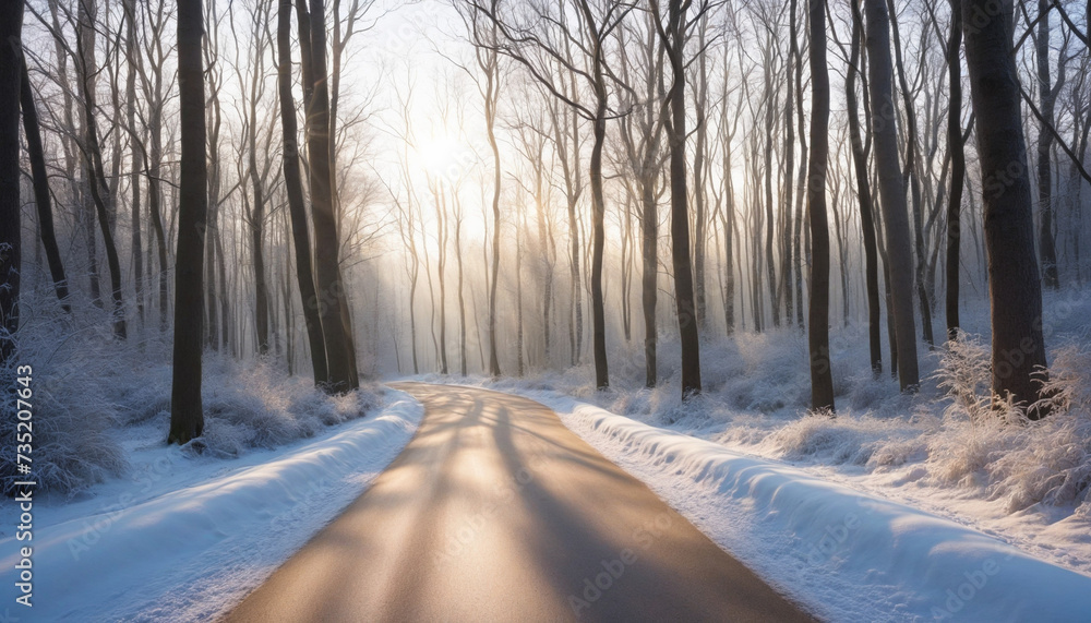 Enchanted winter forest road with sunlight and lens flare Enchanted winter forest road with sunlight and lens flare
