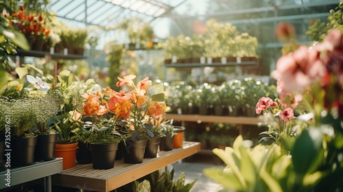 Wallpaper Mural A collection of potted plants displayed on a shelf in a greenhouse. Ideal for gardening and botanical concepts Torontodigital.ca