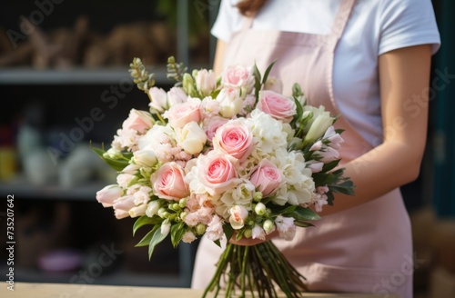 florist holding a bouquet of white and pink flowers