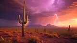view of sunset and lightning in the desert
