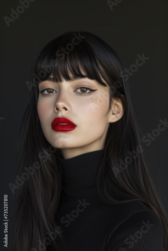 Fashionable portrait of a woman with straight hair and red lips
