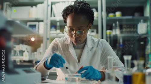 A dedicated scientist in a crisp lab coat carefully pipettes chemical solutions in a modern research institute, driven by a passion for healthcare and medical advancement photo