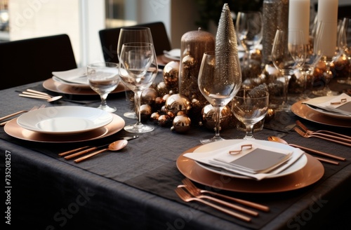 a home dinner table,gray and bronze with elements of paper and craftcore photo