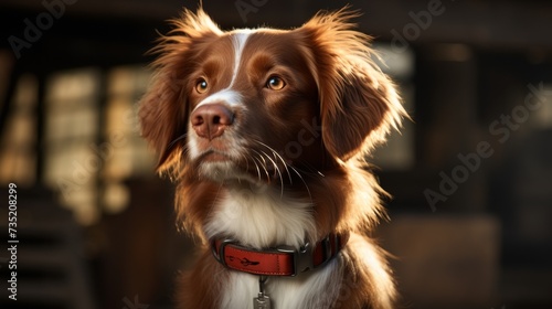 Brown and White Dog Wearing Leather Collar photo