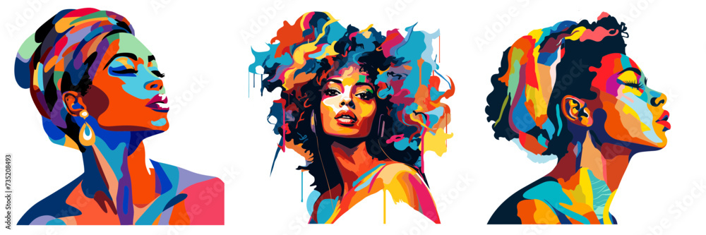 Naklejka premium set of beautiful african american women vector illustration isolated transparent background logo, cut out or cutout t-shirt design 