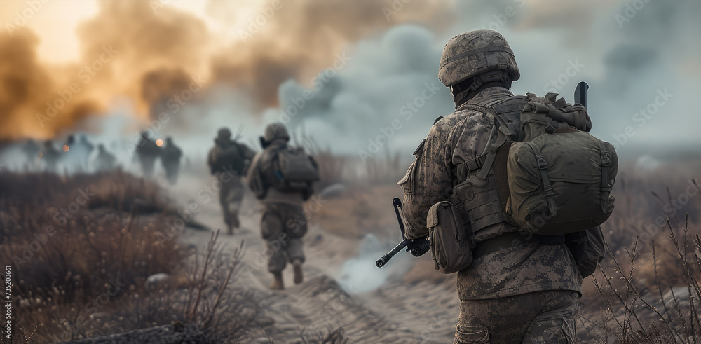 Modern soldiers in battle, war. Generative AI. Modern soldiers in battle, war. Generative AI.