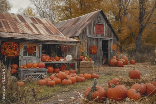 A barn with a lot of pumpkins in front of it. Perfect for fall-themed designs and Halloween projects